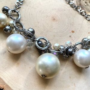 Cha Cha Silver tone linked necklace with faceted AB crystals & Faux Pearls